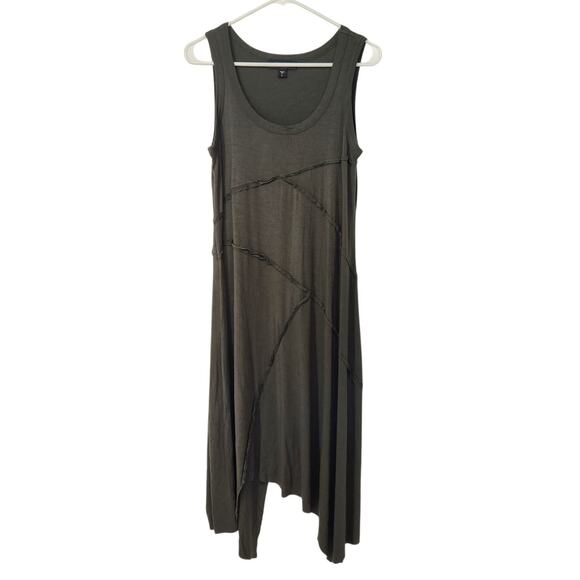 Karen Kane Olive Green Sleeveless Tank Shark Bite Ruffle Midi Dress Women's L - Picture 1 of 8